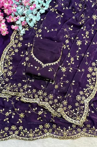 Purple Color Sequence Emrodairy Work Satin Saree