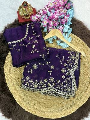 Purple Color Sequence Emrodairy Work Satin Saree 3