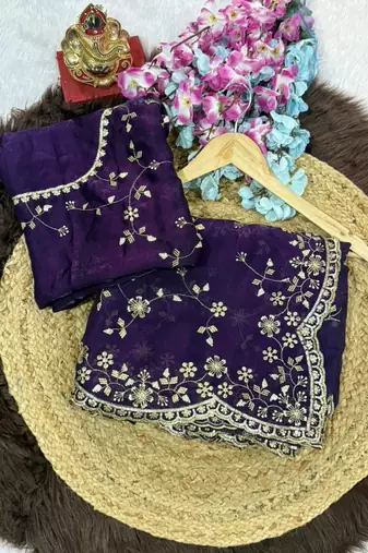 Purple Color Sequence Emrodairy Work Satin Saree
