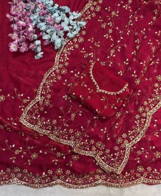Rani Pink Color Sequence Emrodairy Work Satin Saree 2