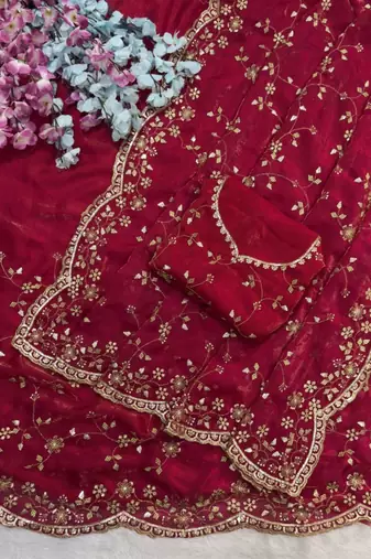 Rani Pink Color Sequence Emrodairy Work Satin Saree