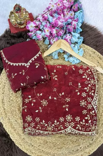 Rani Pink Color Sequence Emrodairy Work Satin Saree