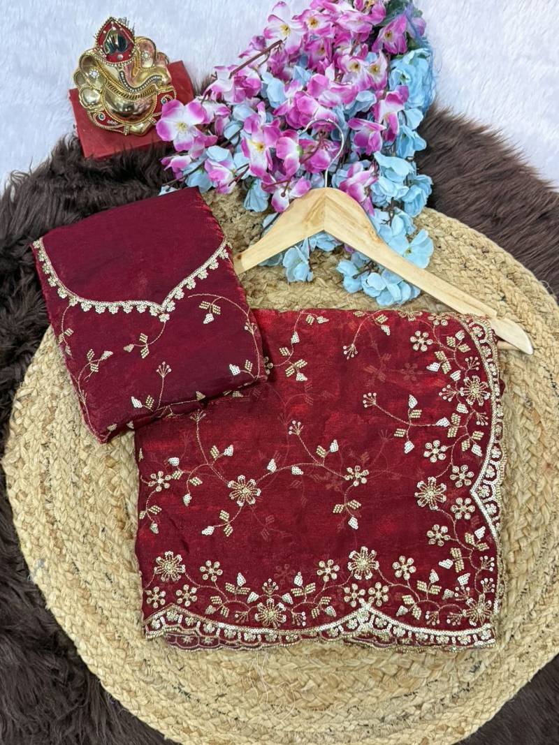 Rani Pink Color Sequence Emrodairy Work Satin Saree