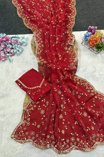 Red Color Sequence Emrodairy Work Satin Saree