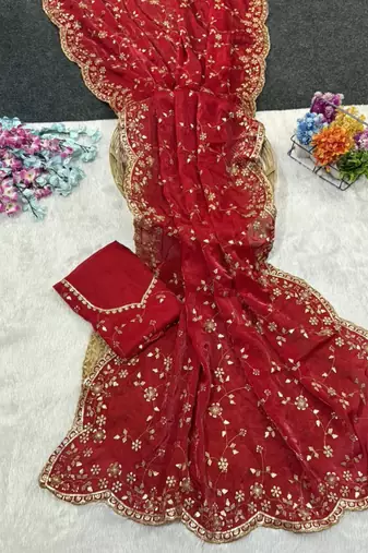 Red Color Sequence Emrodairy Work Satin Saree