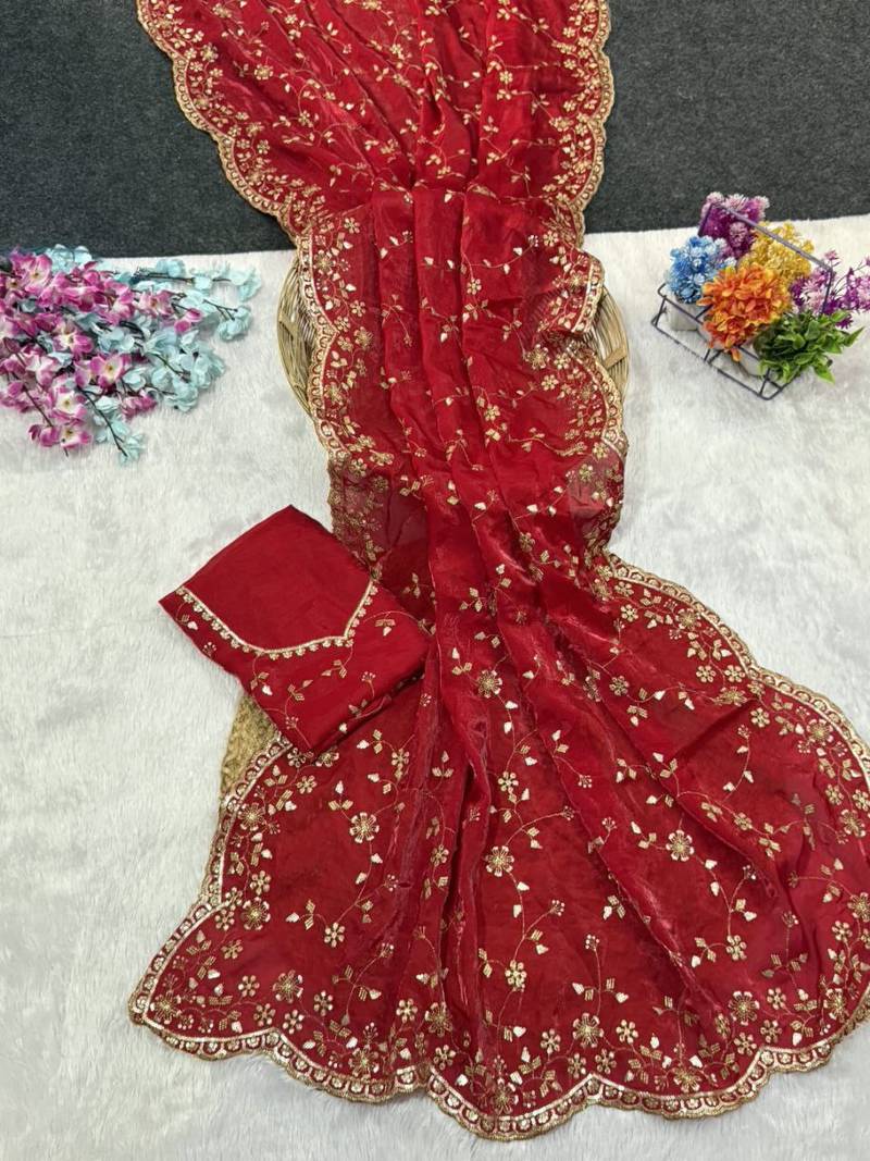 Red Color Sequence Emrodairy Work Satin Saree
