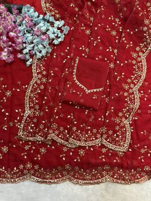 Red Color Sequence Emrodairy Work Satin Saree 2