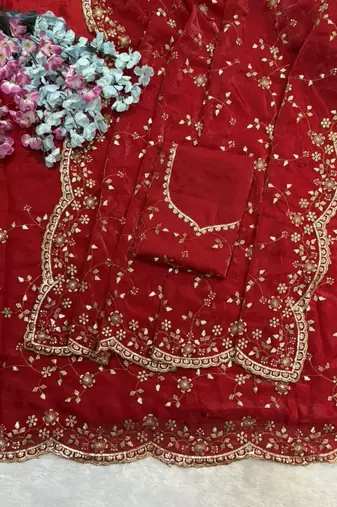 Red Color Sequence Emrodairy Work Satin Saree