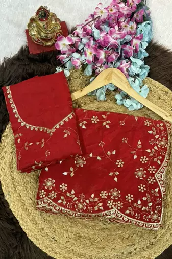 Red Color Sequence Emrodairy Work Satin Saree