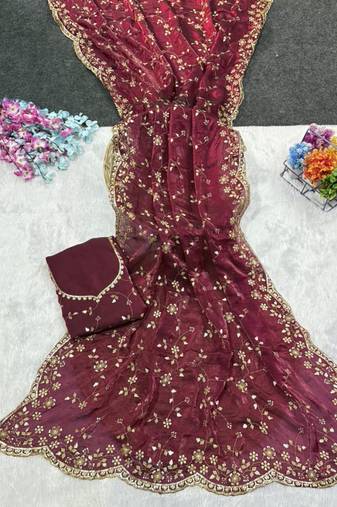 Wine Color Sequence Emrodairy Work Satin Saree