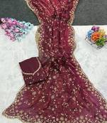 Wine Color Sequence Emrodairy Work Satin Saree