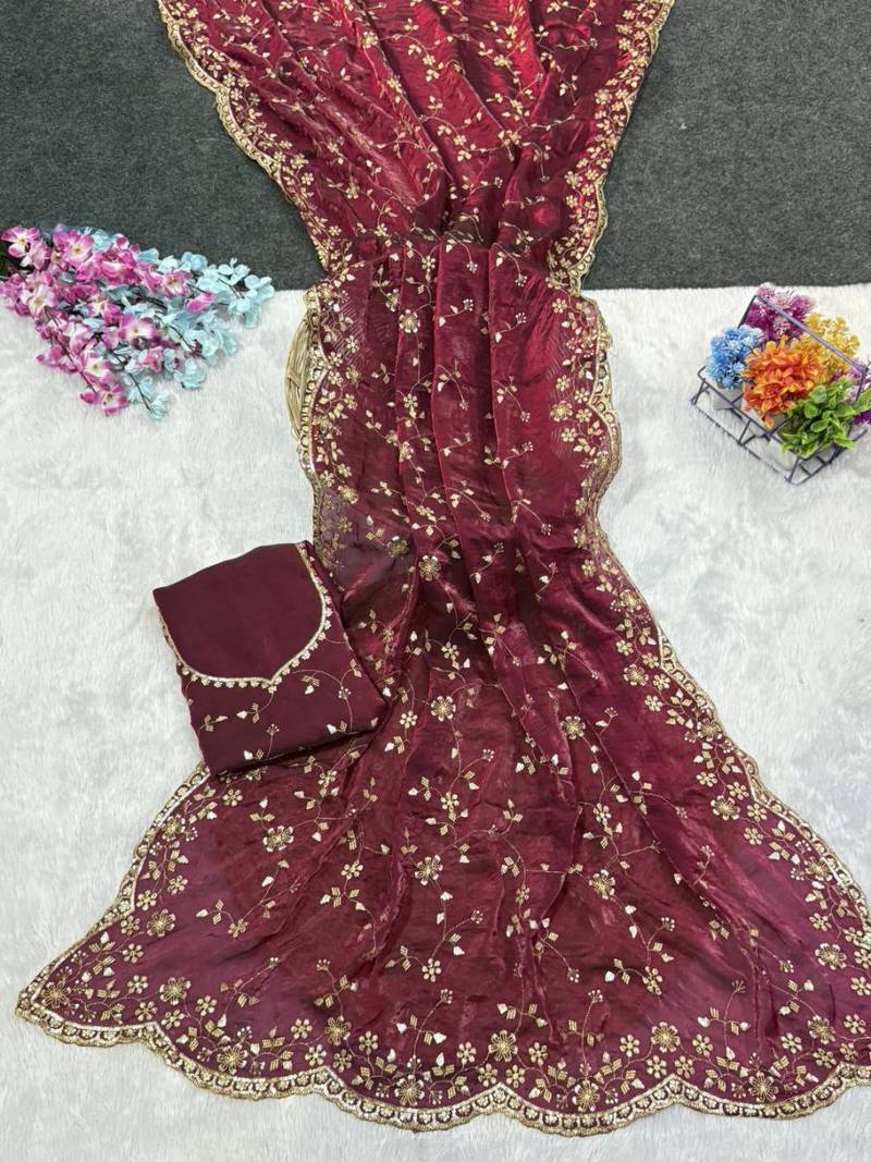 Wine Color Sequence Emrodairy Work Satin Saree