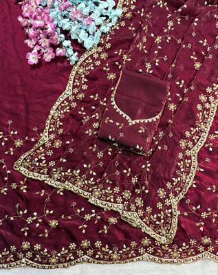 Wine Color Sequence Emrodairy Work Satin Saree 2