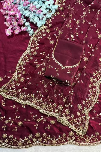 Wine Color Sequence Emrodairy Work Satin Saree