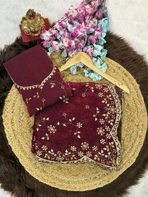 Wine Color Sequence Emrodairy Work Satin Saree 3