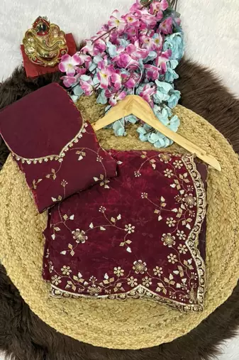 Wine Color Sequence Emrodairy Work Satin Saree