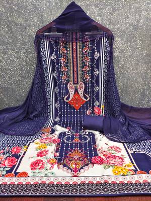 Elegant navy blue floral paisley printed unstitched salwar suit with dupatta 2