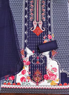 Elegant navy blue floral paisley printed unstitched salwar suit with dupatta 3
