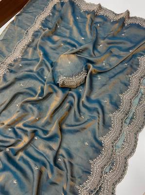Grey Color Multi Emrodairy Work  Satin Saree 1