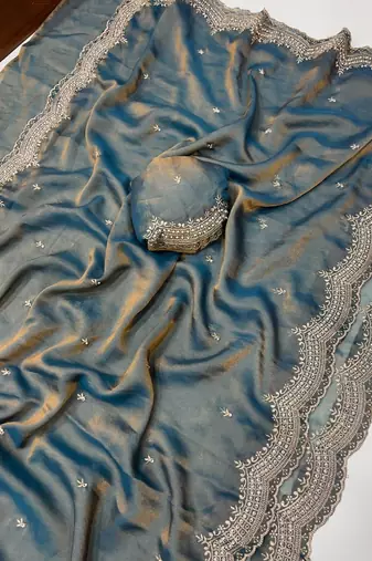 Grey Color Multi Emrodairy Work  Satin Saree