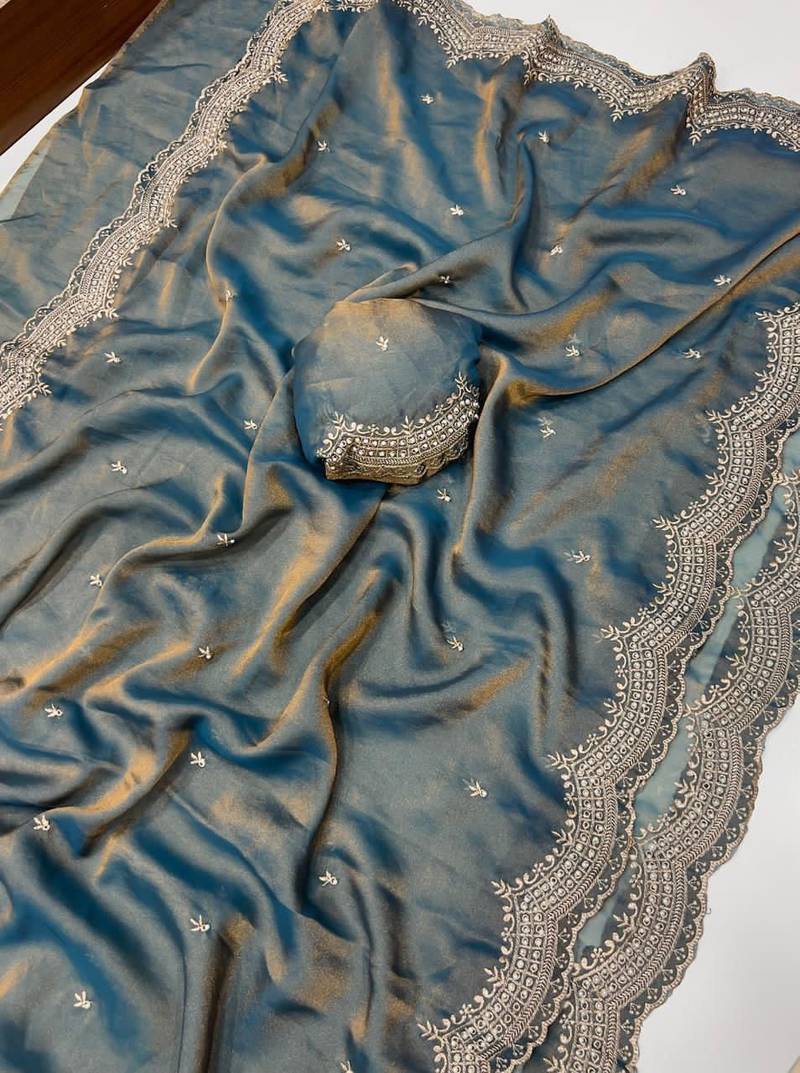 Grey Color Multi Emrodairy Work  Satin Saree