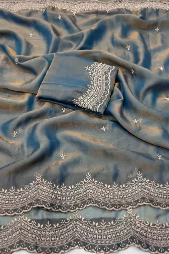 Grey Color Multi Emrodairy Work  Satin Saree