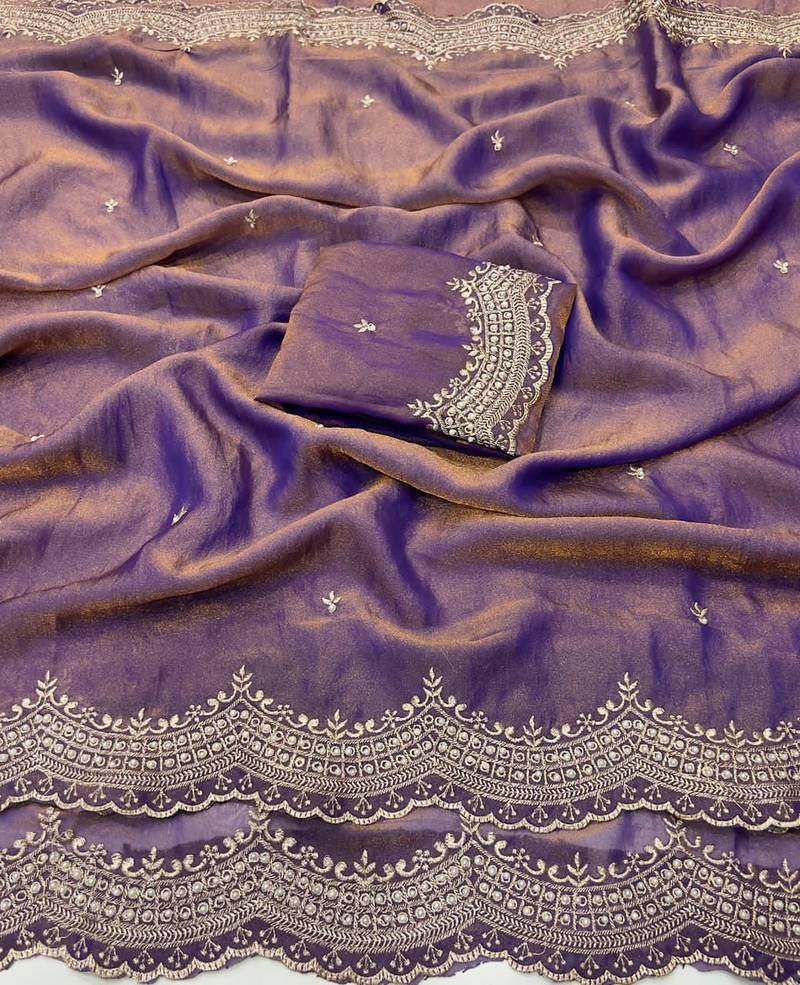 Light PurpleColor Multi Emrodairy Work  Satin Saree