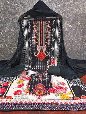 Elegant black floral paisley printed unstitched salwar suit with dupatta 2