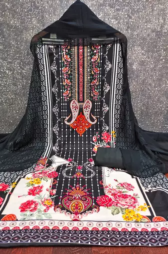 Elegant black floral paisley printed unstitched salwar suit with dupatta