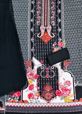 Elegant black floral paisley printed unstitched salwar suit with dupatta 3
