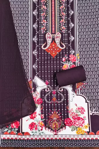 Elegant wine floral paisley printed unstitched salwar suit with dupatta