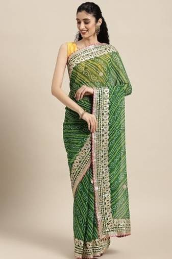 Green Bandhani Printed Gota Patti Work Georgette Saree