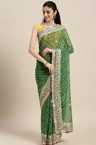 Green Bandhani Printed Gota Patti Work Georgette Saree