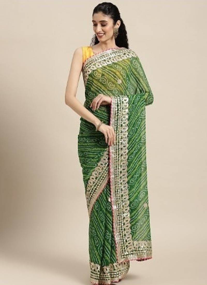 Green Bandhani Printed Gota Patti Work Georgette Saree