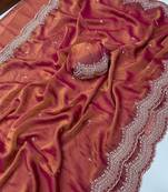 Orange Color Multi Emrodairy Work  Satin Saree