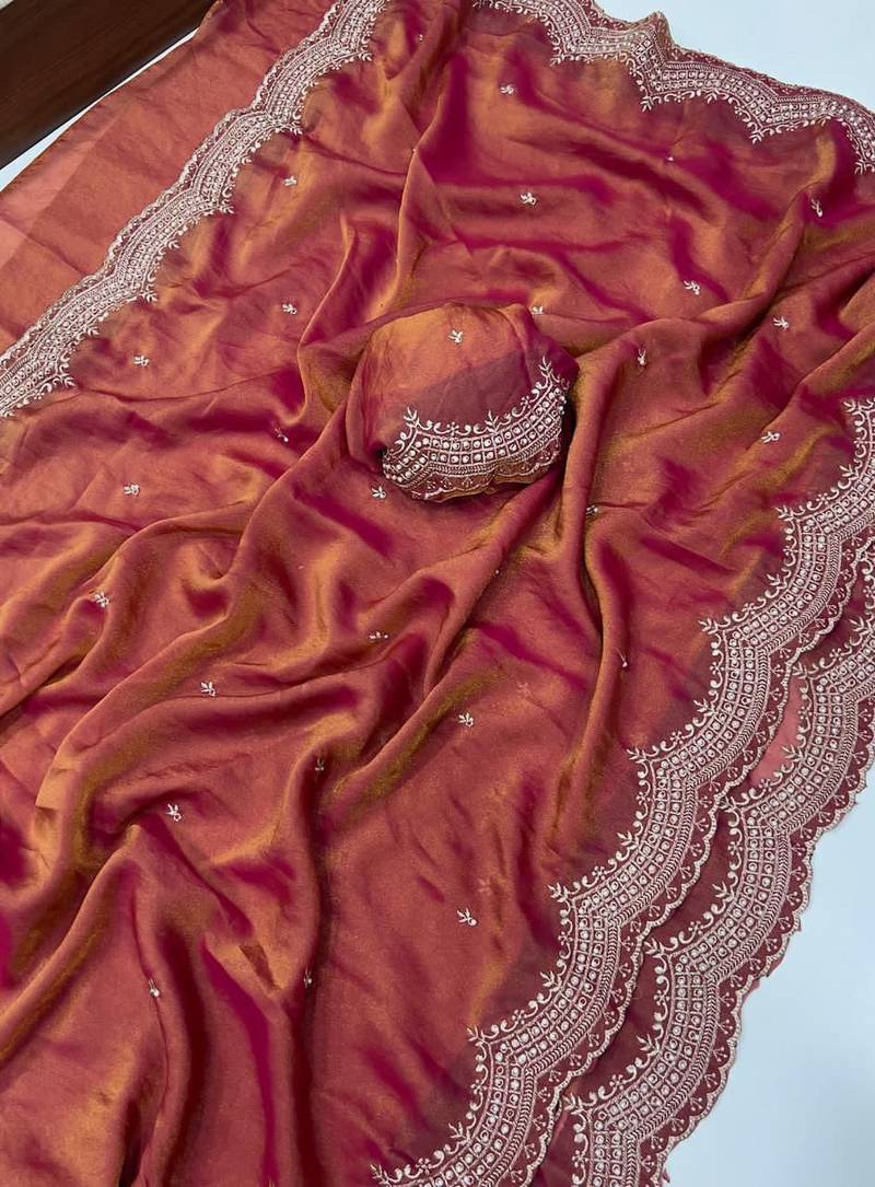 Orange Color Multi Emrodairy Work  Satin Saree