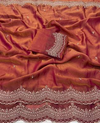 Orange Color Multi Emrodairy Work  Satin Saree 3