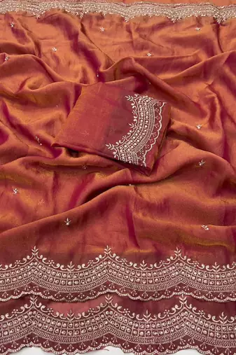 Orange Color Multi Emrodairy Work  Satin Saree