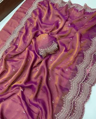 Pink Color Multi Emrodairy Work  Satin Saree 2