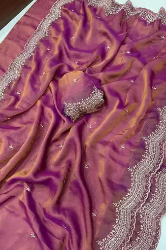 Pink Color Multi Emrodairy Work  Satin Saree