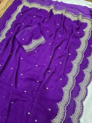 Purple Color Multi Emrodairy Work  Satin Saree 2