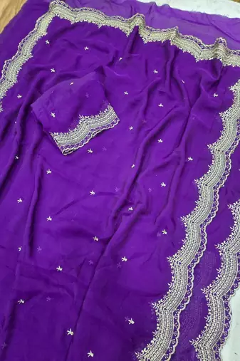 Purple Color Multi Emrodairy Work  Satin Saree