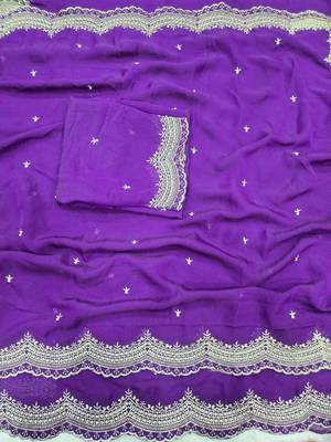 Purple Color Multi Emrodairy Work  Satin Saree 1