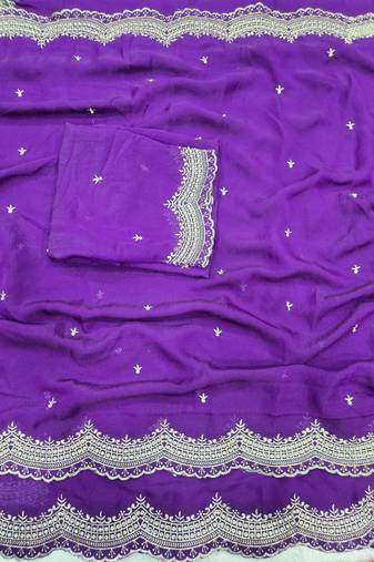 Purple Color Multi Emrodairy Work  Satin Saree
