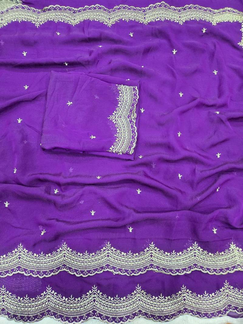 Purple Color Multi Emrodairy Work  Satin Saree
