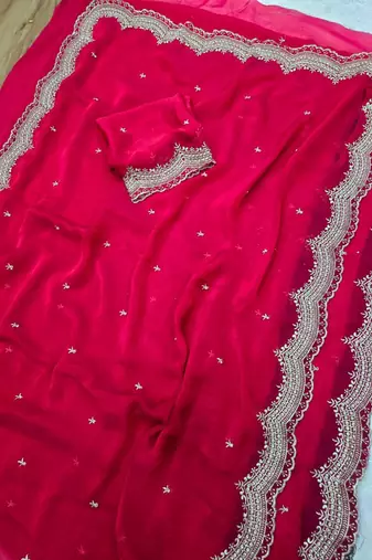 Rani Pink Color Multi Emrodairy Work  Satin Saree
