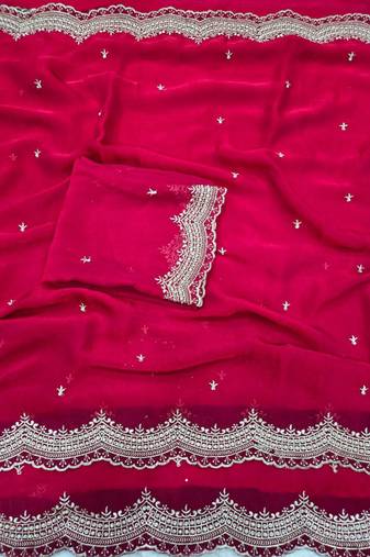 Rani Pink Color Multi Emrodairy Work  Satin Saree