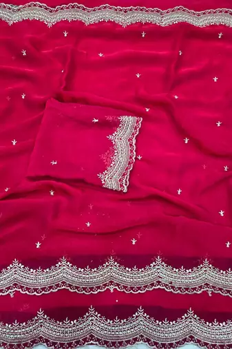 Rani Pink Color Multi Emrodairy Work  Satin Saree