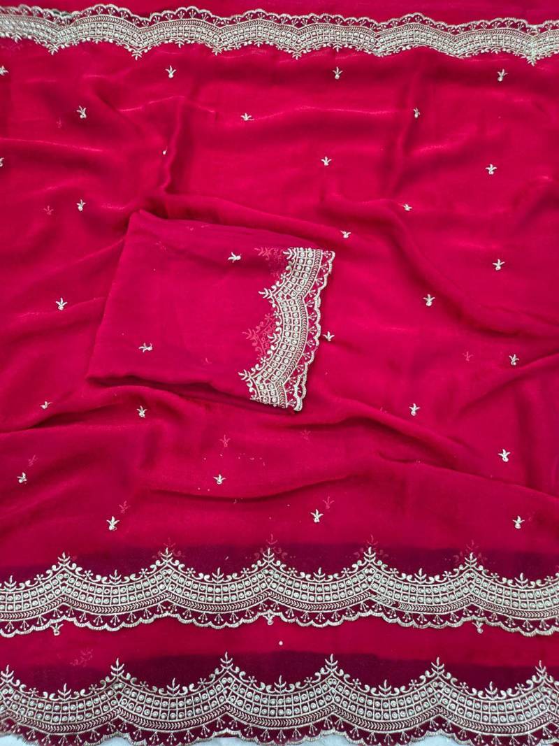 Rani Pink Color Multi Emrodairy Work  Satin Saree