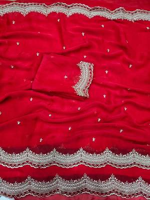 Red Color Multi Emrodairy Work  Satin Saree 2